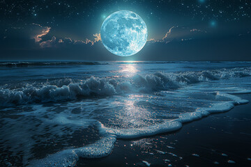 A moonlit beach illuminated by the soft glow of a full moon, waves lapping against the shore in a hypnotic rhythm under the star-studded sky. Concept of serenity and contemplation. Generative Ai.