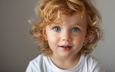 A young child with blonde hair and blue eyes is smiling. The child is wearing a white shirt and has a pinkish-red mouth