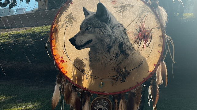 lobo poderoso impresso dentro do c&iacute;rculo de couro marrom arte ind&iacute;gena do apanhador de sonhos