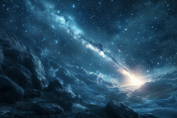 A dazzling meteor shower illuminating the night sky, its celestial display awe-inspiring and...