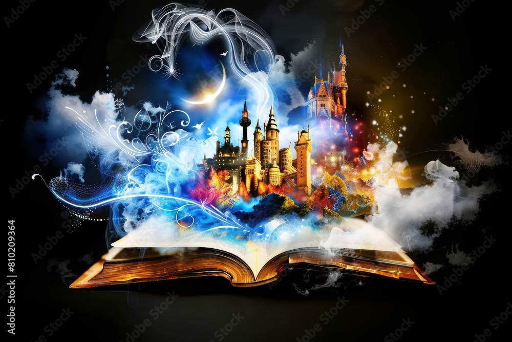 Poster an open book radiates a magical aura, unfurling an enchanted castle surrounded by swirling lights an