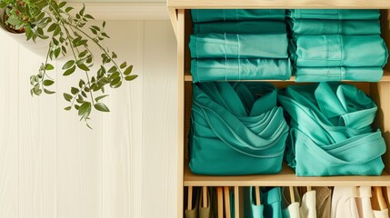 Streamlined drawers filled with teal garments, featured on a cream background, providing a clean space for text