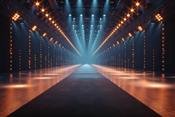 A long hallway with lights on the ceiling. Fashion show catwalk or podium stage