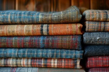 A stack of plaid and checkered fabric