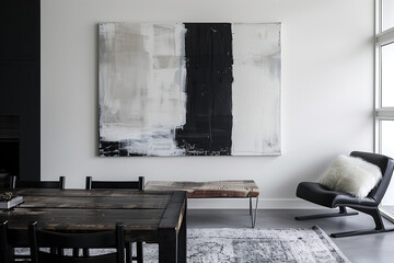 Abstract black and white painting on canvas in minimalistic style of light gray, soft lighting, neutral tones, hanging above rustic wooden table with dark chairs, grey rug under it, window to outside