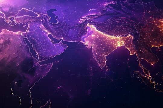 A purple and blue sky with map of the world