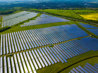Aerial shot of large solar farm near Andover, UK