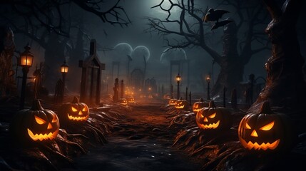 Fototapeta na wymiar Halloween horizontal background. A spooky cemetery transforms into a magical scene at midnight, with pumpkins and lanterns glowing in the darkness, creating a fiery event.