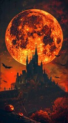 Halloween vertical background. Orange moon painting a dusk sky over castle with bats and pumpkins.