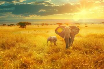 A Majestic Elephant and Her Calf Gracefully Traverse the Grasslands, Illuminated by the Warm Glow of the Setting Sun, Symbolizing Peace and the Raw Beauty of Nature, Generative AI