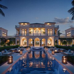 Fototapeta premium Neoclassical Seaside Mansion with Stunning Infinity Pool Under Starry Night