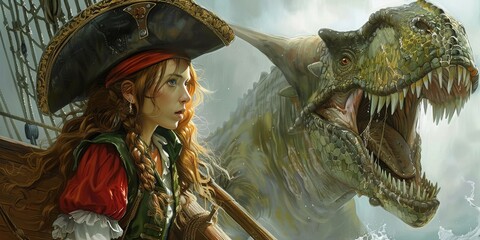 A Fearless Female Pirate Faces Off Against a Fierce Dinosaur in a Dramatic Fantasy Illustration, Merging Historical Adventure with Mythical Creatures for an Epic Narrative, Generative AI