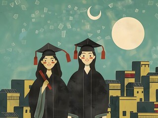 Obraz premium Sumerian Schoolchildren Pose with Open Text in Graduation Ceremony Amid Mesopotamian Cityscape