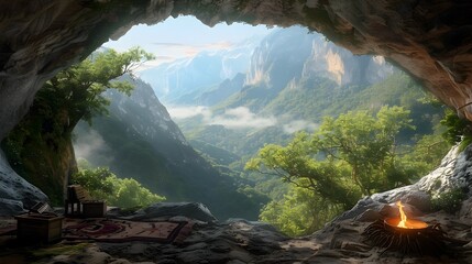 Tranquil Cave Dwelling A Cozy Retreat Amidst Hazy Afternoon Splendor and Rugged Mountain Majesty