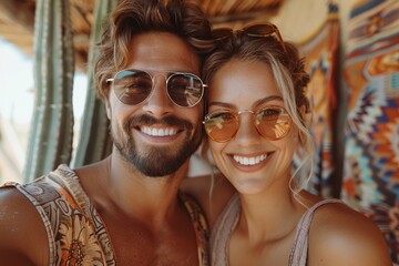 A cheerful couple with sunglasses takes a close-up selfie, radiating joy and togetherness, with a boho background