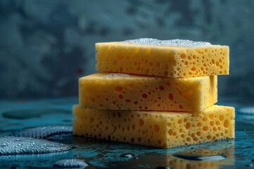 Close-up image capturing three yellow porous cleaning sponges stacked on top of each other with soap bubbles adding a texture