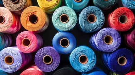 A collection of colorful thread spools arranged in a rainbow pattern, ready to inspire a sewing or embroidery project