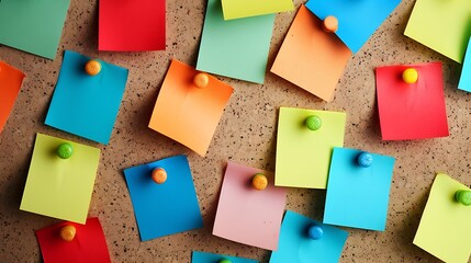 A collection of colorful sticky notes pinned to a bulletin board, each one representing a different...