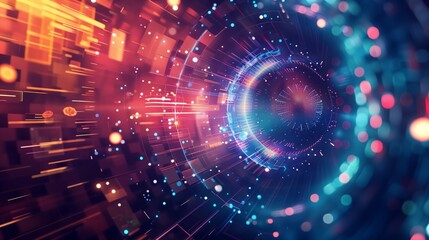 Obraz premium Abstract digital tunnel with vibrant neon lights and particles