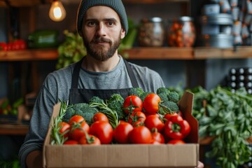 A proud male chef holds a box of fresh tomatoes and broccoli, signifying healthy eating and agriculture