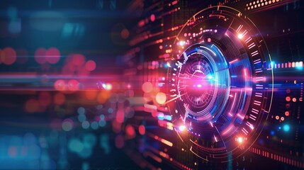 A vibrant futuristic digital interface with glowing neon lights, complex circuitry, and a central circular element in motion.
