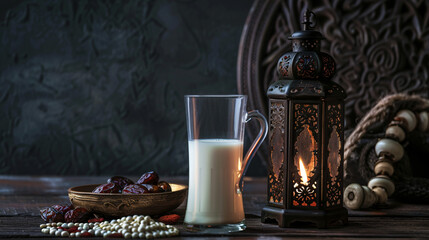 Muslim lamp glass of milk and tasbih with dates on dar