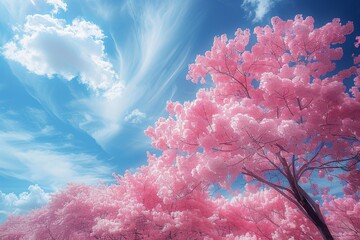 Ethereal pink trees reaching towards a whispy blue sky, creating an otherworldly landscape that captivates the viewer's imagination