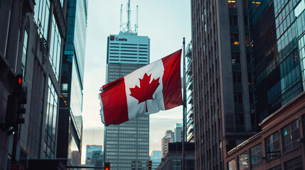 National flag of Canada in modern city