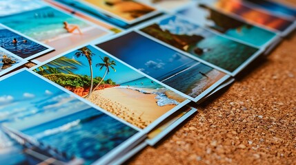 A row of colorful postcards arranged on a corkboard, each one depicting a different travel destination or inspirational quote