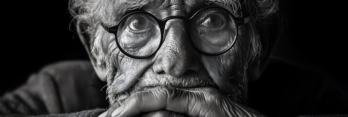 close-up of an older man with glasses, black background