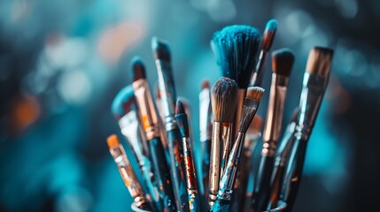A set of artistic brushes arranged neatly in a cup, each one ready to create masterpieces on a...