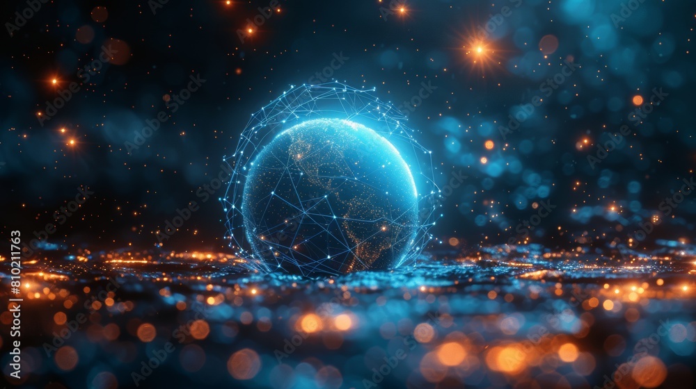 Poster wireframe technology sphere with connecting dots. big data visualization. 3d rendering.