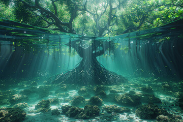 A serene mangrove swamp, with tangled roots and brackish waters, providing habitat for unique species adapted to coastal environments. Concept of coastal wetlands. Generative Ai.