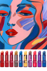 Woman's portrait painting with variety of lipsticks below