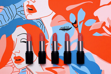 Lipsticks with portrait of women in blue and orange colors