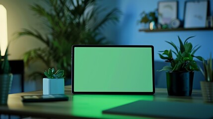 A sleek tablet device sitting on a desk, its screen displaying a vibrant green background, ready for a day of productivity
