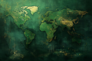 Artistic world map in green and gold tones on textured background