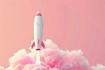 A white rocket is flying through a pink cloud