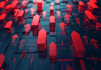 Obraz premium Generative AI creates 3D red arrows on a wall, depicting booming economic growth with a rising investment graph, breaking records