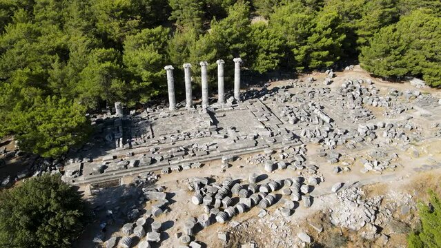 Footage of historical ruins, columns, ancient theater and temples in the ancient city of Priene.