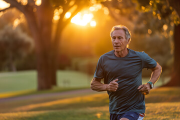 picturesque park at sunset, a senior man runs with determination, prioritizing his well-being and fitness, setting a powerful example for healthy aging. Commercial photo