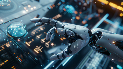 technological background, with a robotic hand moving its finger on flying technological buttons, in a very close-up image of the technological robotic hand, Generative Ai