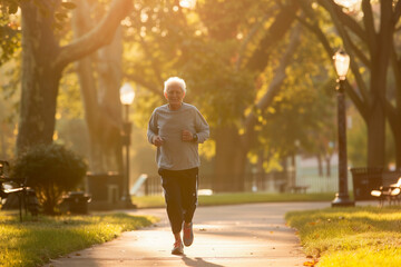 In the tranquil ambiance of a sun-kissed park, a senior gentleman enjoys an evening jog, symbolizing the importance of staying active in later years, inspiring others to join him o
