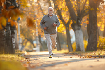 Obraz premium In the peaceful ambiance of the park, a senior man strides purposefully, his morning jog a testament to his dedication to good health, motivating onlookers to follow suit and lead
