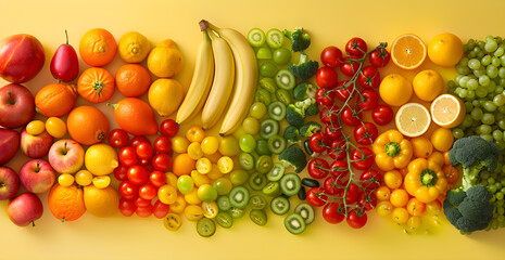 A colorful display of fruits and vegetables arranged in a row
