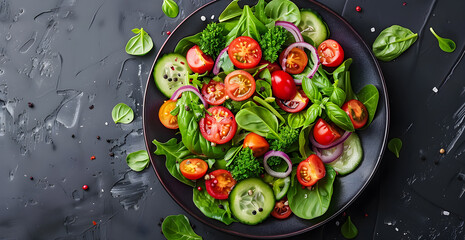 A plate of salad with tomatoes, cucumbers, and onions