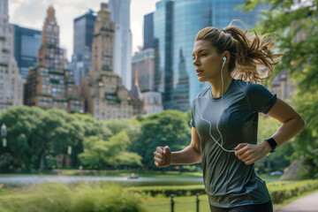 majestic cityscape and lush greenery, a young and healthy sportswoman athlete, with earbuds in place, gracefully jogs through the park, embodying the perfect harmony between urban