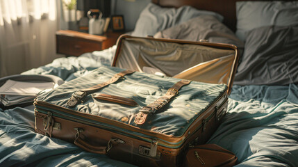 Open packed suitcase on bed