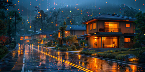 Suburban Smart Home Digital Community Neighborhood - Night View of Interconnected Houses with Data Network Transmissions, IoT Concept Illustration