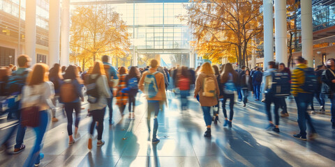 Blurred Motion Students Walking Campus Crowd, College University Education Environment, Moving People Diverse Groups Commuting Classes